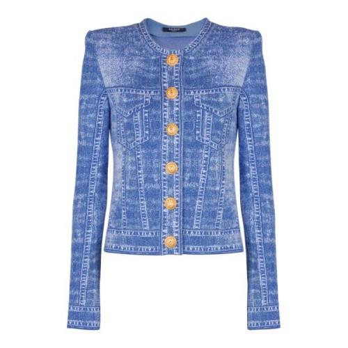 Jacquardstrikket cardigan med denim effekt