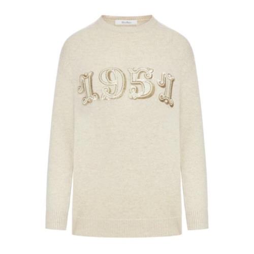 Beige Cashmere Sweater med Paillet Logo