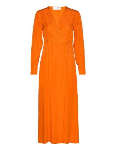 Slfabienne Ls Satin Ankle Wrap Dress B Selected Femme Orange