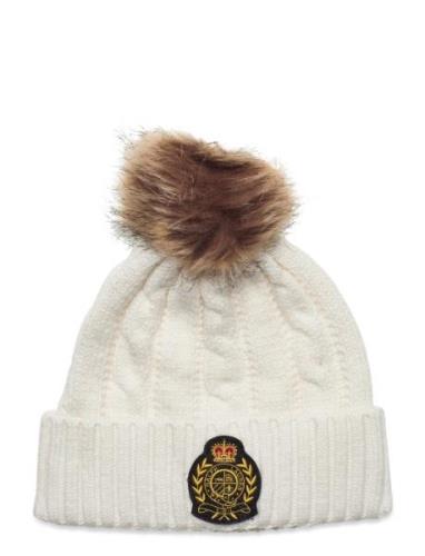 Crest-Patch Pom-Pom Cable-Knit Beanie Lauren Ralph Lauren White