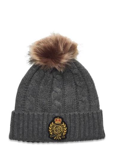 Crest-Patch Pom-Pom Cable-Knit Beanie Lauren Ralph Lauren Grey