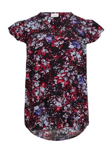 Cardeedee Life S/S V-Neck Top Aop ONLY Carmakoma Black