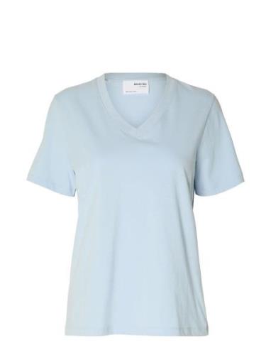 Slfessential Ss V-Neck Tee Noos Selected Femme Blue