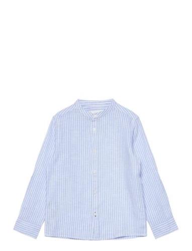 Striped Mandarin-Collar Linen Shirt Mango Blue