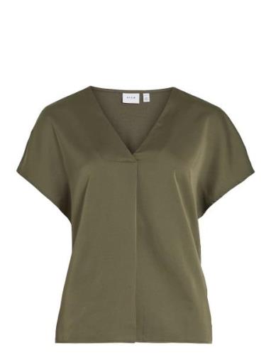 Viellette V-Neck S/S Satin Top - Noos Vila Khaki