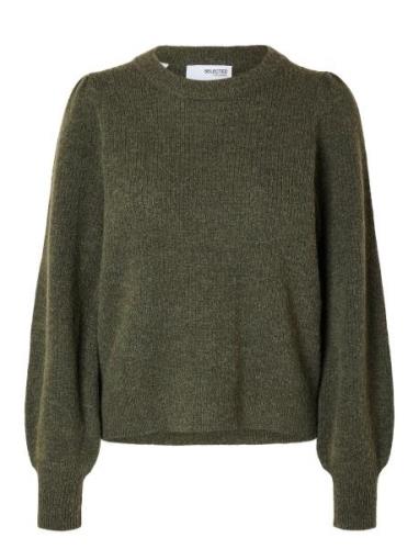 Slflulu Ls Knit Rib O-Neck Noos Selected Femme Khaki