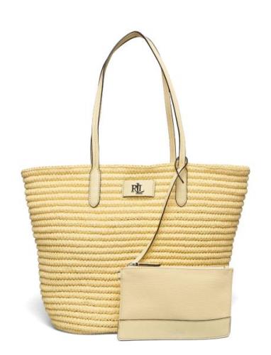 Leather-Trim Straw Large Brie Tote Bag Lauren Ralph Lauren Yellow