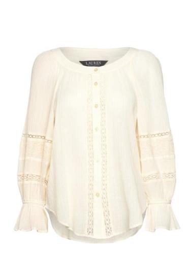 Lace-Trim Cotton Blouson-Sleeve Shirt Lauren Ralph Lauren Cream