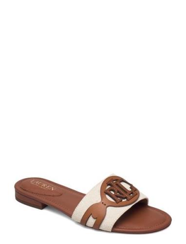 Alegra Canvas-Leather Slide Sandal Lauren Ralph Lauren Beige