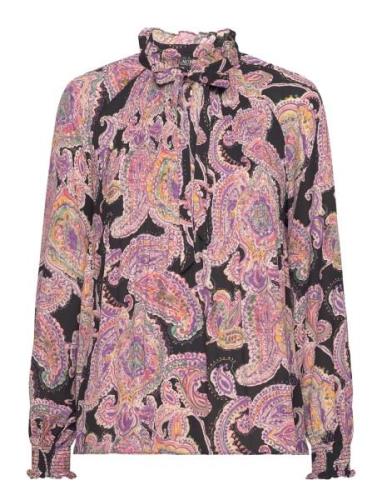 Print Pleated Georgette Tie-Neck Blouse Lauren Ralph Lauren Purple