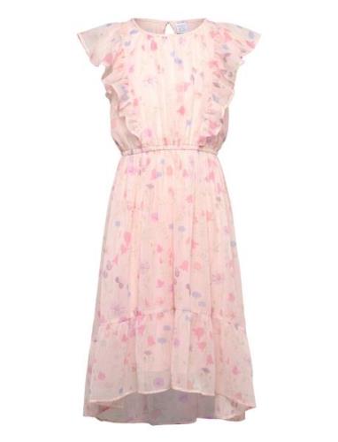 Dress Chiffon Frill Sleeve Aop Lindex Pink