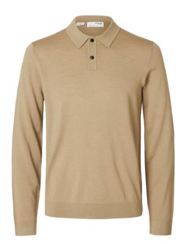 Slhtray Ls Knit Merino Polo Noos Selected Homme Beige