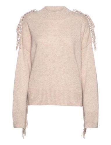 Boxy O-Neck Sweater Fringes Davida Cashmere Beige