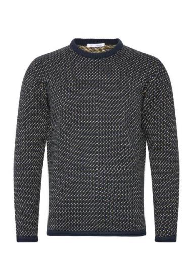 Jacquard Crew Neck Knit - Regenerat Knowledge Cotton Apparel Navy