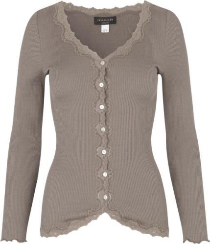 Rosemunde Silk Cardigan w/ Lace Kvinde Dark Sand Cardigans Str L - hos...