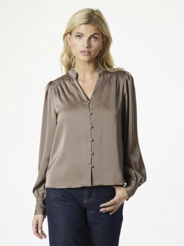 Neo Noir Massima Drapy Satin Blouse Kvinde Dark Taupe Langærmede Bluse...