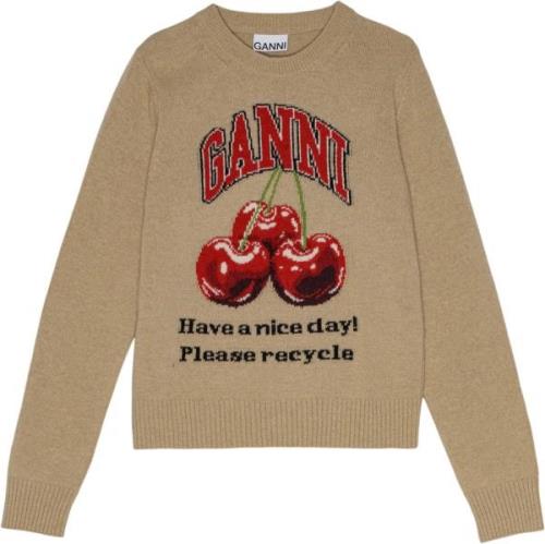 Ganni Graphic Wool Mix Cherry Crewneck Kvinde Safari Sweaters Str L - ...