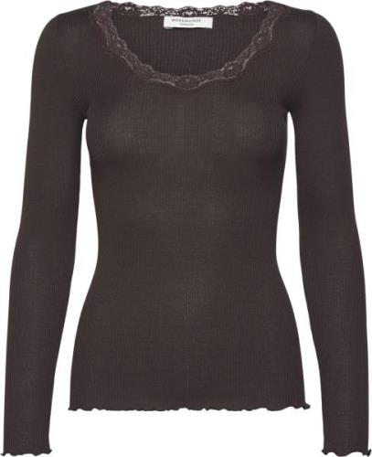 Rosemunde Silk Tshirt w/ Lace Kvinde Dark Espresso Kortærmede T-shirts...