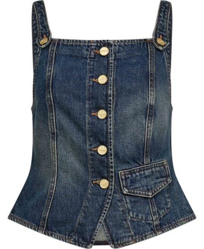 Ganni Heavy Washed Denim Top Kvinde Mid Blue Vintage Tanktoppe Str 36 ...