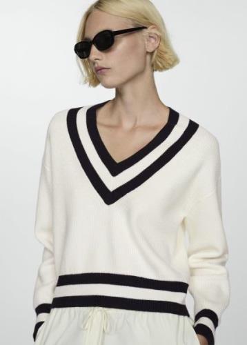 MANGO Contrasting Vneck Sweater Kvinde Light Beige Sweaters Str L - ho...