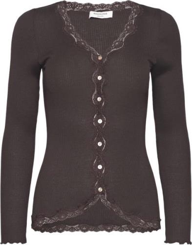 Rosemunde Silk Cardigan w/ Lace Kvinde Dark Espresso Cardigans Str L -...