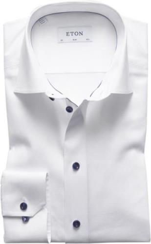 ETON White Twill Shirt Dark Blue Details Slim Fit Mand Hvid Langærmede...