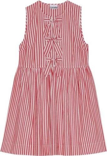 Ganni Stripe Cotton Mini Bow Tie Dress Kvinde Barbados Cherry Korte Kj...