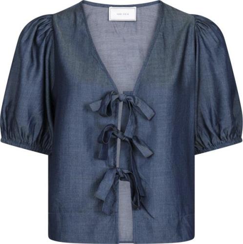 Neo Noir Bianca Chambray Blouse Kvinde Dark Navy Kortærmede Bluser Str...