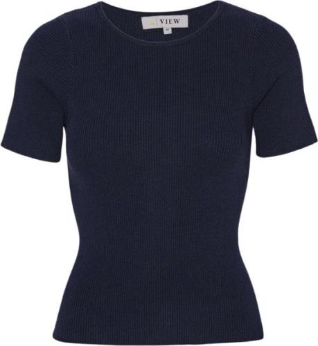 A-VIEW Rib Knit Short Sleeve top Kvinde Navy Kortærmet Strik Tight Fit...