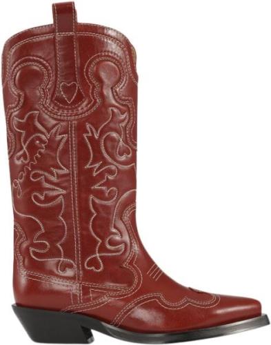 Ganni Mid Shaft Embroidered Western Boot Kvinde Barbados Cherry Cowboy...