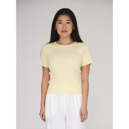 A-VIEW Rib Knit Short Sleeve top Kvinde Pale Yellow Kortærmet Strik Ti...