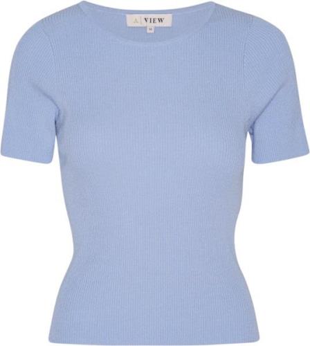 A-VIEW Rib Knit Short Sleeve top Kvinde Light Blue Kortærmet Strik Tig...