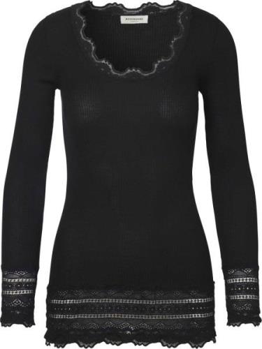 Rosemunde Silk Tshirt Medium ls W/wide Lace Kvinde Sort Langærmede T-s...