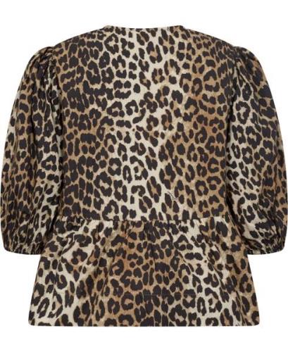 Ganni Printed Cotton Poplin Peplum Blouse Kvinde Leopard Langærmede Bl...