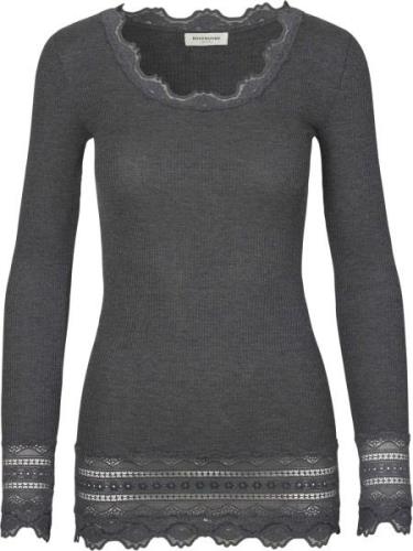 Rosemunde Silk Tshirt Medium ls W/wide Lace Kvinde Grå Langærmede T-sh...