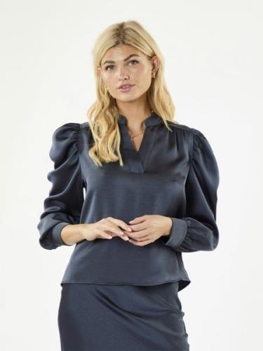 Neo Noir Rosslyn Heavy Sateen Blouse Kvinde Midnight Blue Langærmede B...