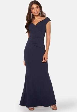 Goddiva Bardot Pleat Maxi Dress Navy M (UK12)