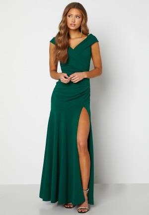 Goddiva Bardot Pleat Maxi Split Dress Emerald M (UK12)