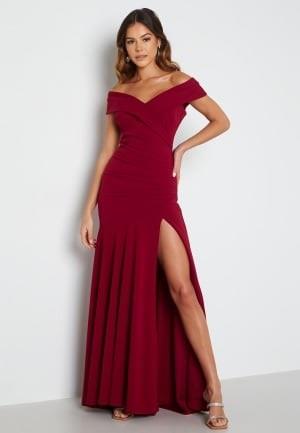 Goddiva Bardot Pleat Maxi Split Dress Wine M (UK12)