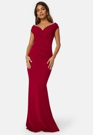 Goddiva Bardot Pleat Maxi Dress Wine S (UK10)