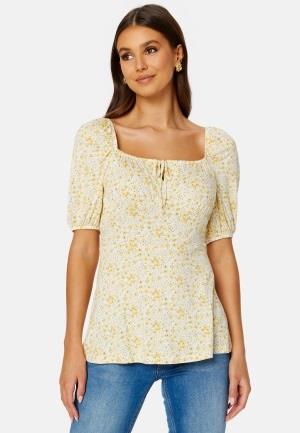 Happy Holly Ruched Short Sleeve Tie Top Yellow/Floral 48/50