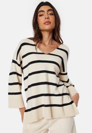 VERO MODA Vmsaba 3/4 V-neck stripe pullover Birch Stripes:BLACK L