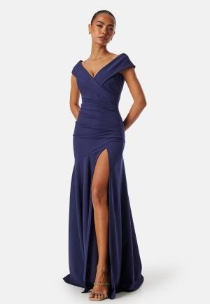 Goddiva Bardot Pleat Maxi Split Dress Dark blue XXS (UK6)