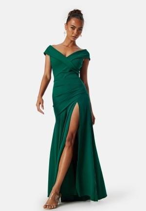 Goddiva Bardot Pleat Maxi Split Dress Dark green XXS (UK6)