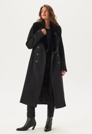 Chiara Forthi Fur Collar Belted Wool Blend Coat Black XS