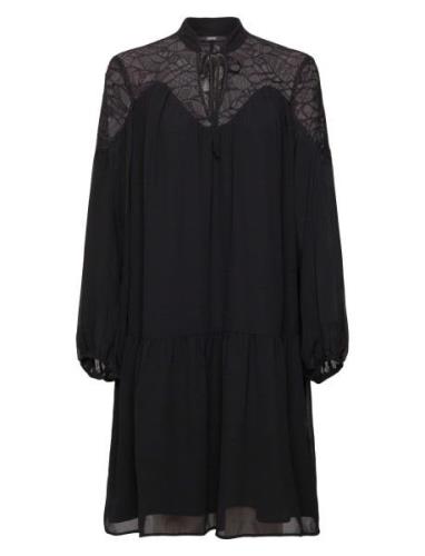Chiffon Mini Dress With Lace Kort Kjole Black Esprit Collection