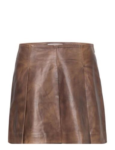 Leather Pleated Skirt Kort Nederdel Brown REMAIN Birger Christensen