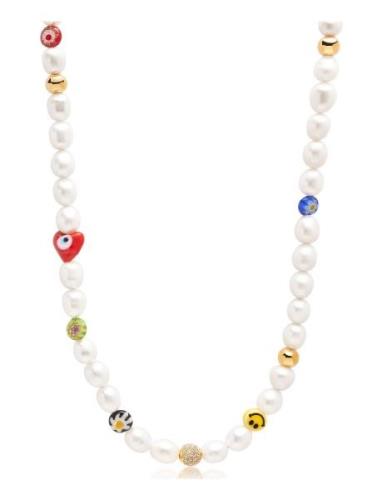 Men's Smiley Face Pearl Choker With Assorted Beads Halskæde Smykker Wh...