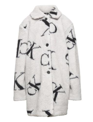 Monogram Aop Teddy Coat Jakke Grey Calvin Klein