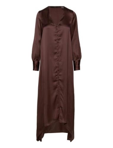 Vmemma Ls Long Satin Button Dress Wvn Knælang Kjole Brown Vero Moda